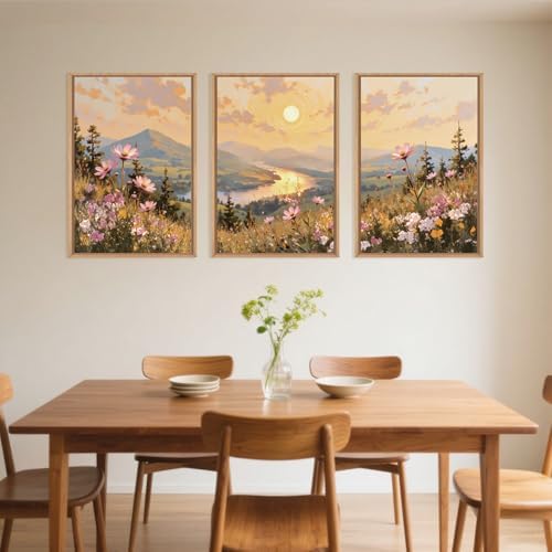 LHIUEM Large Boho Sunset Wildflower Framed Canvas Wall Art, Nature Pink Flower - Image 3
