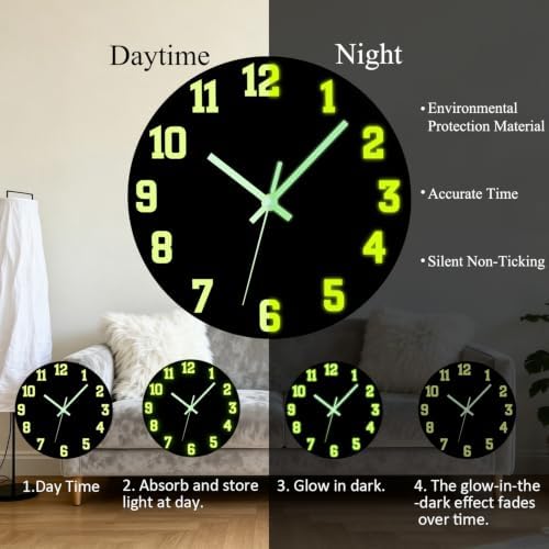 Glow in The Dark Wall Clock, 14 Inch Modern Black Wall Clocks - Image 6