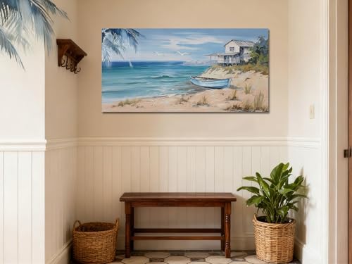 Arjun Blue Coastal Wall Art for Living Room Seascape Beach Painting 40"x20" - Image 4