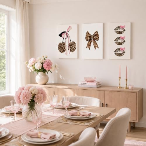 3Pcs Trendy Leopard Print Canvas Wall Art, Fashion Bow Cherry Lips Y2k Poster - Image 4