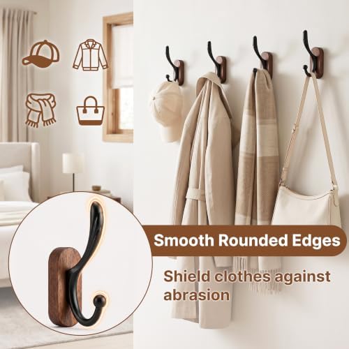 8 Pack Wall Mounted Coat Hooks, Walnut Wood & Black Metal Double Hooks - Image 4