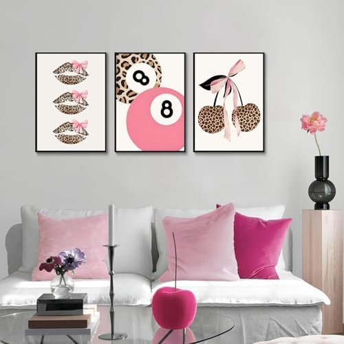 Trendy Pink Leopard Bow Wall Art Set of 3 Funky Cherry Lucky 8 Ball Posters - Image 2