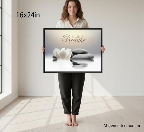 Framed-Zen White Lotus Wall Art, Just Breathe Bathroom Decor - Image 7