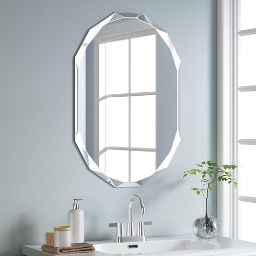 28" x 20" Silver Oval Bathroom Mirror Beveled Edge Frameless Mirrors by GOAND