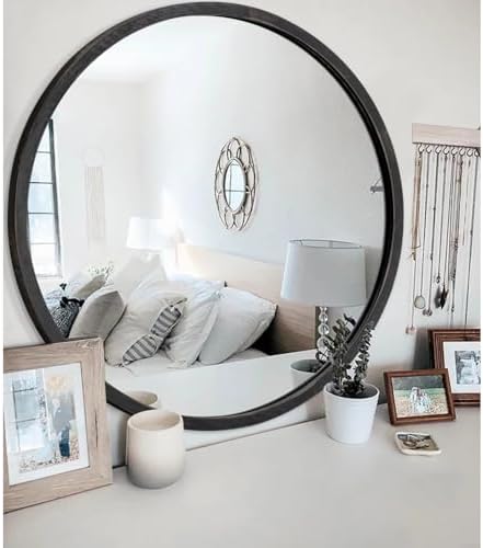 JJUUYOU Black Circle Wall Mirror Round Wood Framed Mirror - Image 3
