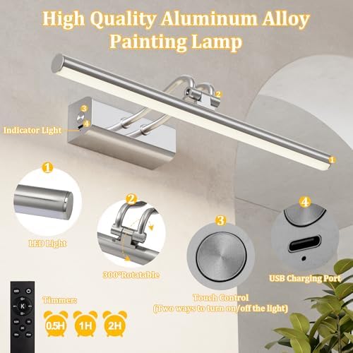 Picture Light, Platinum Silver, Battery Operated, RF Remote Control - Image 2