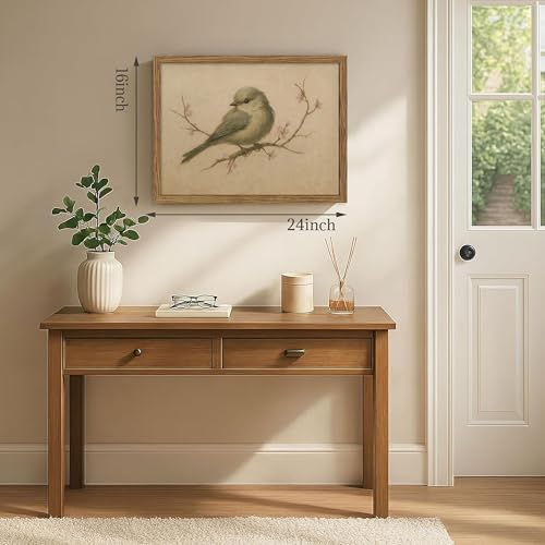Framed Vintage Bird Canvas Wall Art, Cute Rustic Bird on Peach Blossom Print - Image 4