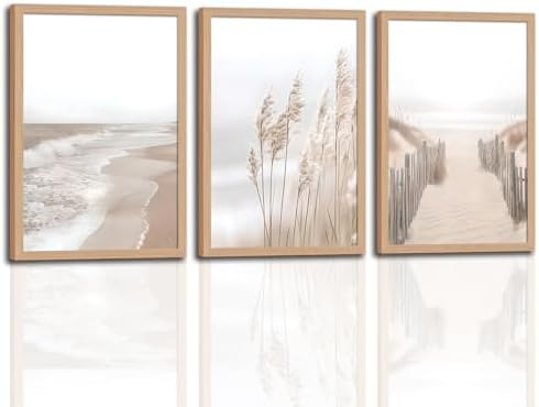 skysoon Neutral Beach Wall Art Set of 3, Boho Coastal Ocean Canvas Prints by Unknown