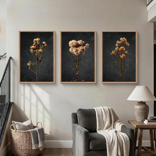 HOURIA Dark Moody Dried Floral Framed Canvas Wall Art Set- 16"x24"x3 - Image 3