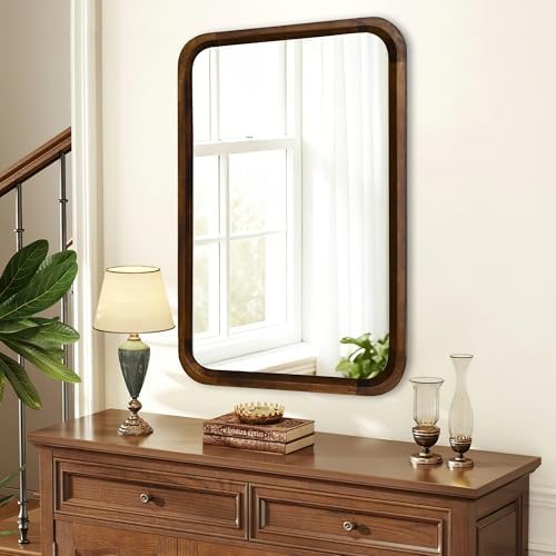 Wood Bathroom Mirror for Wall, Rectangle 20 x 30 inch Vanity Brown Mirrors - Image 3