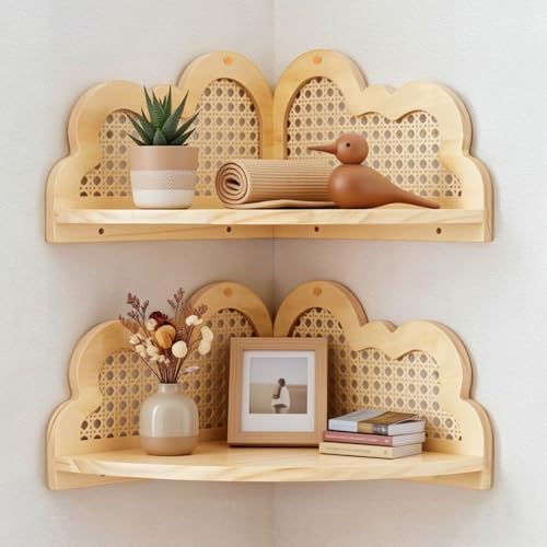 2 Pcs Cloud Floating Corner Shelf Set Boho Rattan Storage by Unknown