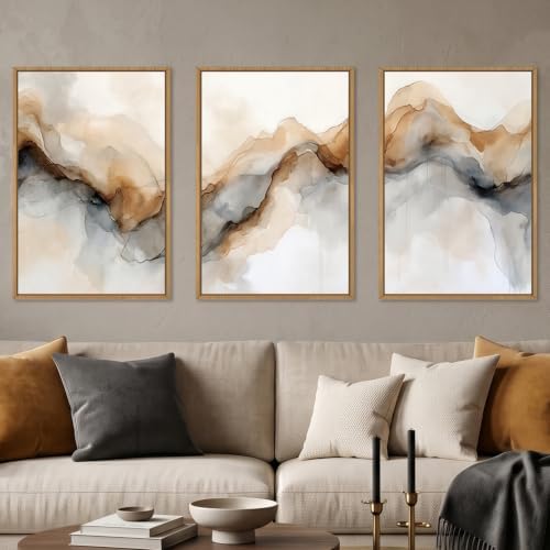 Abstract Neutral Watercolor Framed Canvas Wall Art Set -24"×36" x3 by Ausril