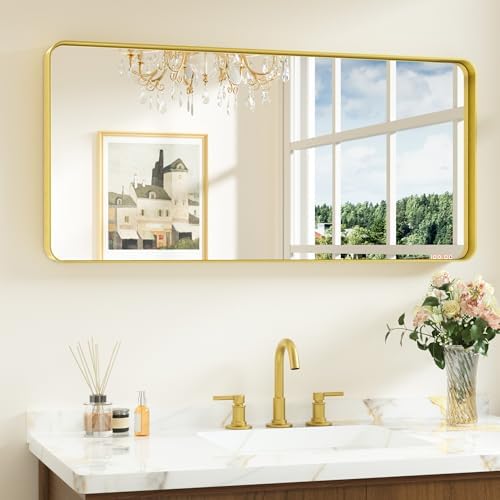 Keonjinn 42 x 20 Inch Brushed Gold Bathroom Vanity Mirror, Tempered Glass by Keonjinn