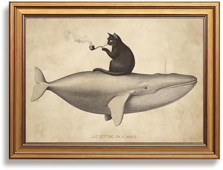 Vintage Gold Framed Funny Cat Wall Art, Retro Eclectic Paintings, Whimsical by Unknown