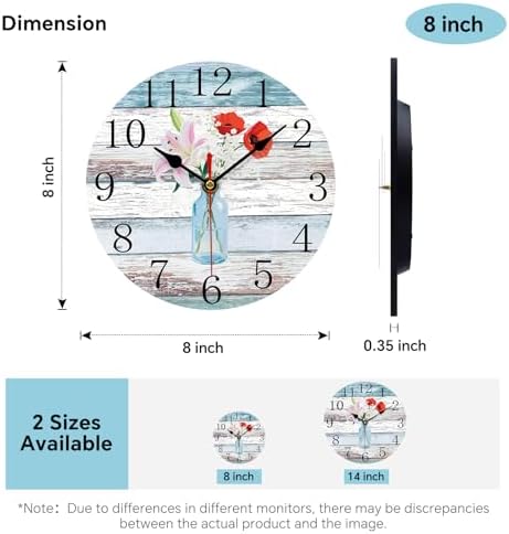 8in Beach Blue Floral Wooden Wall Clock Rustic Silent Bottle Flower - Image 3