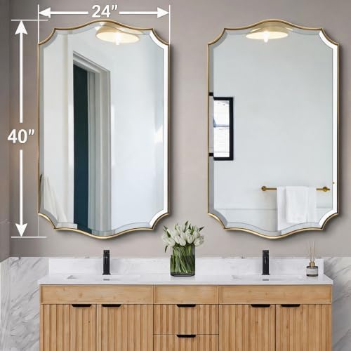 POZINO 40"x24" Premium Brushed Gold Scalloped Beveled Bathroom Mirror - Image 4