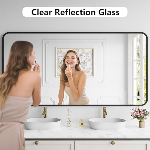 Koonmi Bathroom Mirror, 36X71 Brushed Black Rectangle Wall Mirror, HD Tempered - Image 3