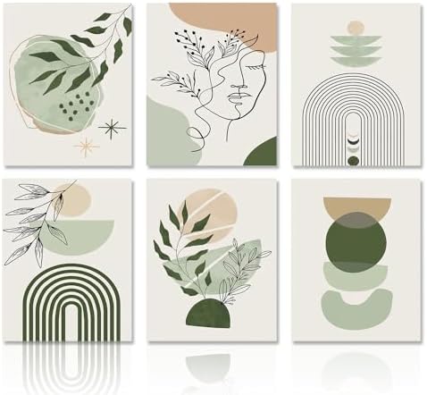 Dazzlewall 6Pcs Boho Minimalist Sage Green Canvas Wall Art 8x10 in Unframed by Dazzlewall