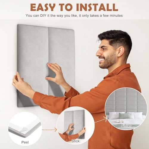 IFNOW Wall Mounted Headboard, Peel and Stick Panels, Light Grey - Image 5