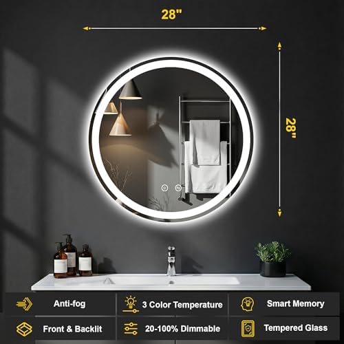Round LED Bathroom Mirror with Lights, 28 Inch Circle Lighted Vanity Mirror - Image 2