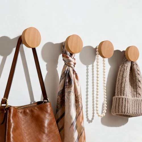 4 Pack Wood Wall Hooks Round Wooden Coat Hooks Adhesive Hooks Heavy Duty by Birosnsy