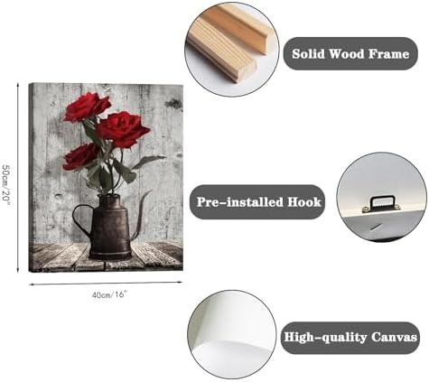 Red Rose Canvas Wall Art: Rustic Black Grey Flower Framed Bedroom Decor - Image 4