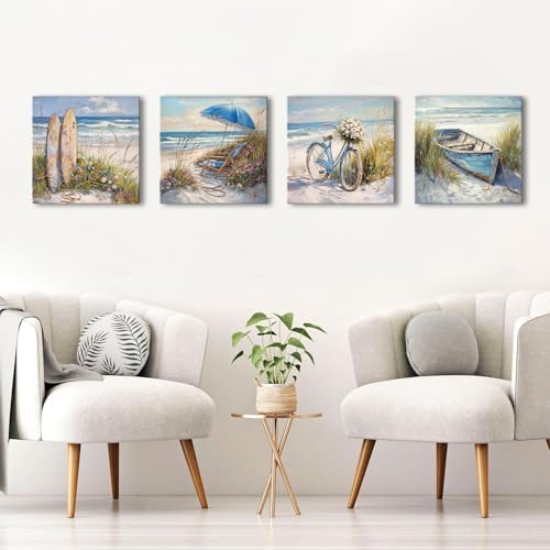 Beach Bathroom Wall Art Decor Rustic Coastal Landscape Bike Boat Surfboard - Image 3