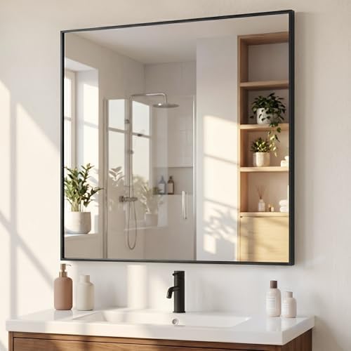 36"x36" Matte Black Framed Square Bathroom Vanity Wall Mirror by Pocetry