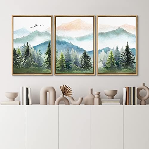 MUDECOR Framed Canvas Print Wall Art Set Watercolor Pastel Mountain Range Pine - Image 3