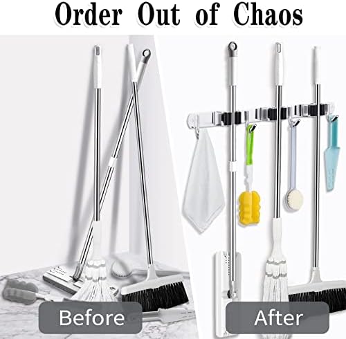 AceMining Broom Holder Wall Mount, 3 Racks 4 Hooks Heavy Duty Mop Organizer - Image 6