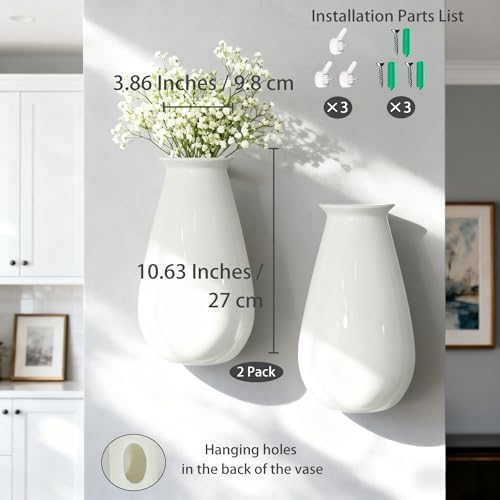 White Ceramic Wall Planters, 10.6 Inch, Flared Design - Image 3