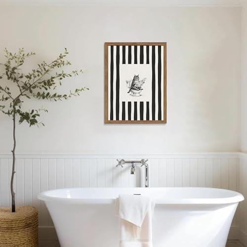 Framed Vintage Bathroom Cat Canvas Wall Art, Funny Black Sketch Cat Reading - Image 2