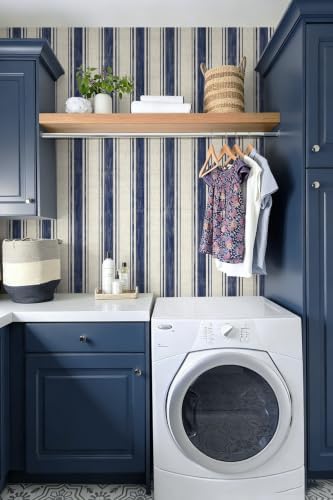 Safiyya Wallpaper Peel and Stick Blue and Cream White Hand-Painted Striped - Image 4