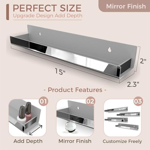4 Pack 15 Inch Black Reflective Acrylic Floating Wall Shelves - Image 3