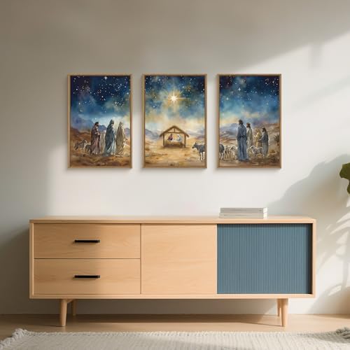 LHIUEM Large Bible Christian Religious Framed Canvas Wall Art Set, Birth of - Image 4