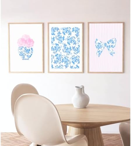 Pink Blue Flower Wall Art Bow Chinoiserie Canvas Wall Art Decor Watercolor - Image 3