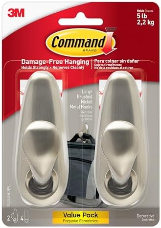 Command 5 lb Large Brushed Nickel Metal Hooks, 2 Coat Hooks and 4 Strips by Command