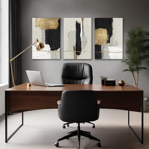 DUWQU Abstract Brushstrokes Canvas Wall Art Black White Gold 16x24 inch x3 - Image 4