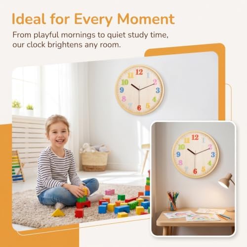 Topkey 12" Wooden Look Wall Clock Silent Non-Ticking 3D Numbers Colorful - Image 6