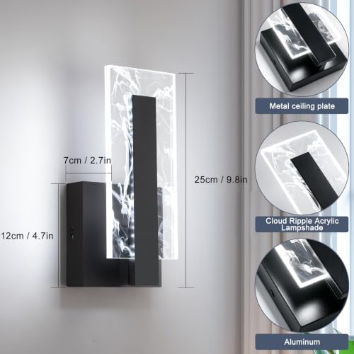 Modern LED Acrylic Black Wall Sconce, 6000K Cool White Bathroom Wall Sconces - Image 2