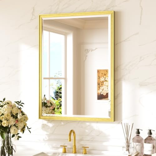 Keonjinn 24" x 32" Gold Bathroom Mirror, Secure French Cleat Installation by Keonjinn