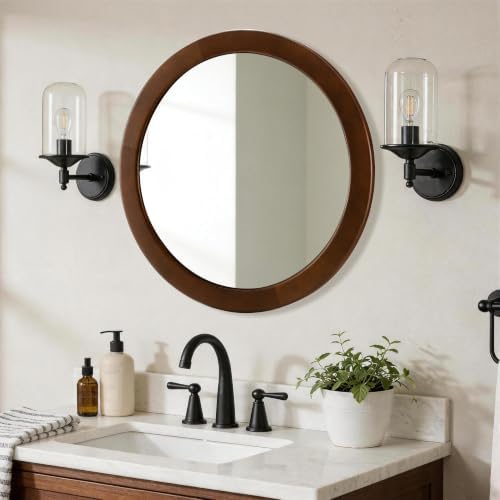 Round Mirrors 28 Inch, Wood Vanity Wall Rustic Mirror - Image 4