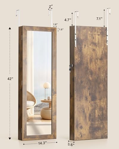 Nicetree 6 LEDs Mirror Jewelry Cabinet, Wall/Door Mounted, Rustic Brown - Image 5