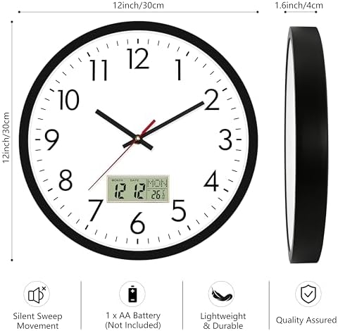 Lumuasky Wall Clock Digital 12" Non-Ticking Silent Battery Operated Analog - Image 3