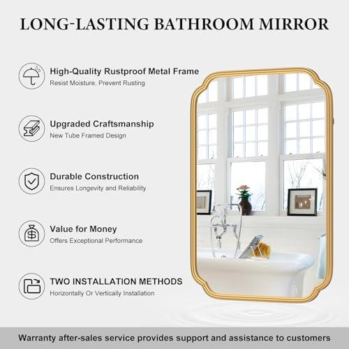 Ferytange Gold Bathroom Mirror for Wall 20" x 30" Modern Rounded Corner - Image 6