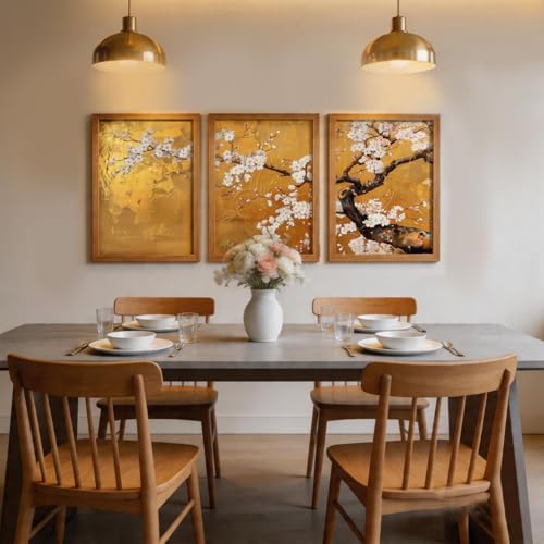 3 Pcs Japanese Golden Plum Blossom Flower Wall Art 12x16 Inches Wood Framed - Image 4