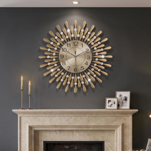 Cuspin 24 Inch Wall Clock Gold Crystal Sunburst Decorative Metal Clock - Image 2