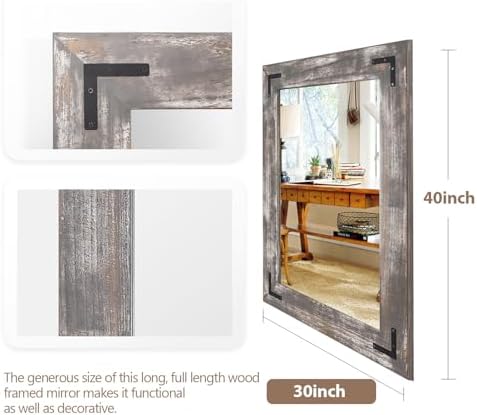 YOSHOOT Rustic Wooden Framed Wall Mirror, Natural Wood Bathroom Vanity Mirror - Image 3