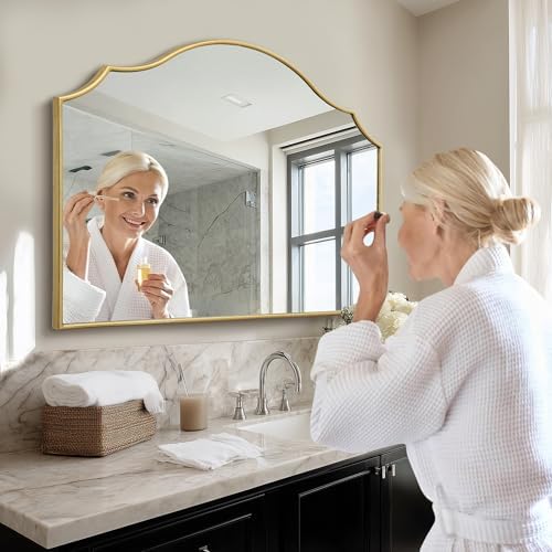 Besdomus Gold Scalloped Wall Mirror: 40"x29" Large Wooden Bathroom Mirror - Image 3