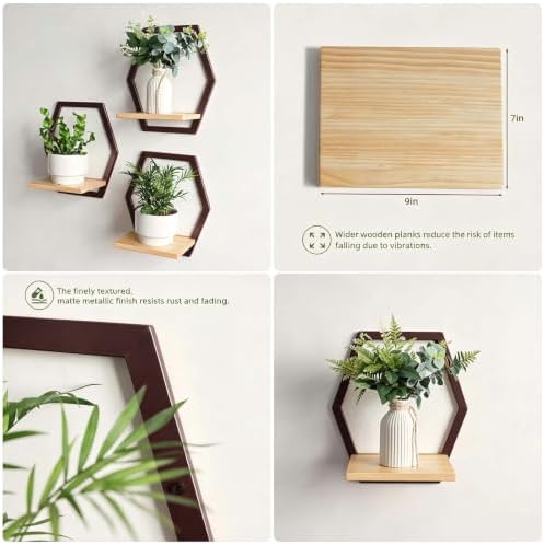 3 Pack Hexagon Wall Plant Stands, 9 Inch Wood Shelf - Image 5